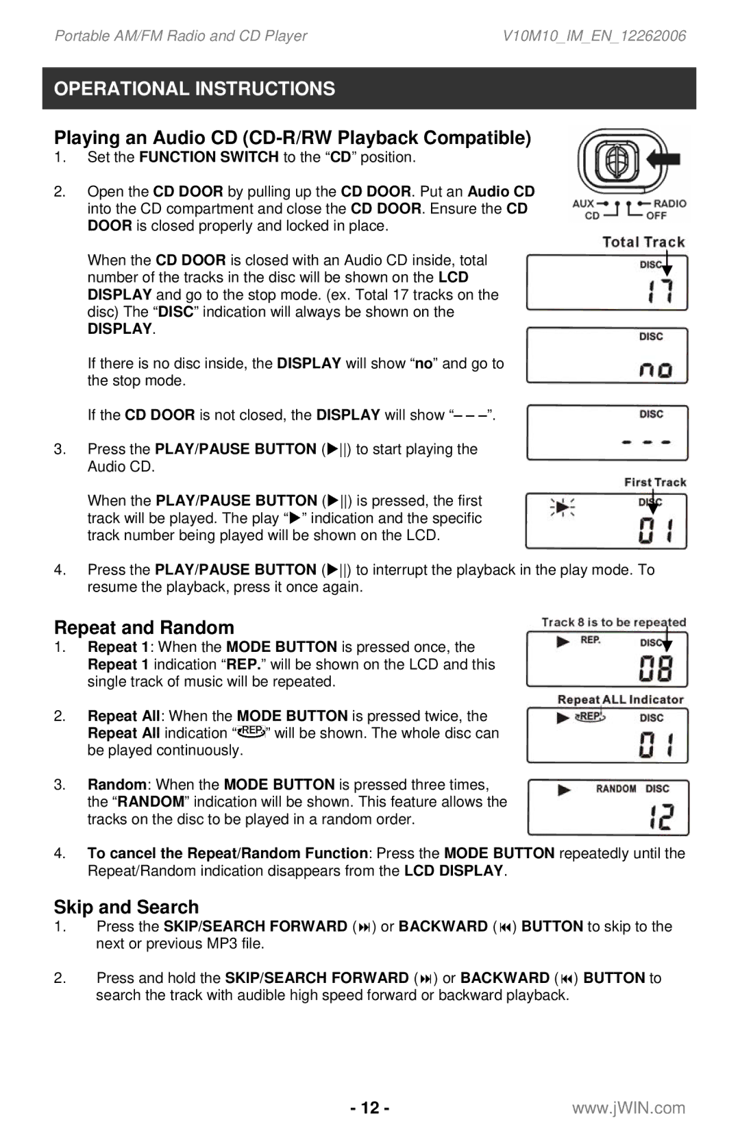 Jwin JX-CD561 instruction manual Playing an Audio CD CD-R/RW Playback Compatible, Display 