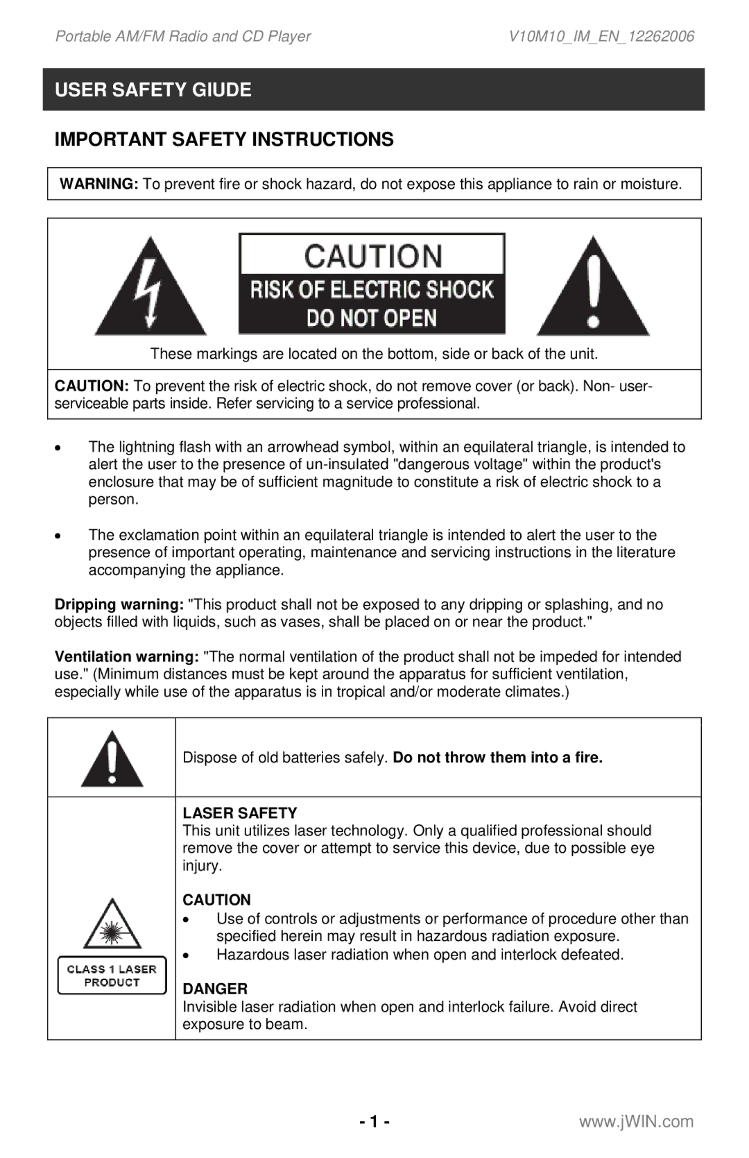 Jwin JX-CD561 instruction manual User Safety Giude, Important Safety Instructions 