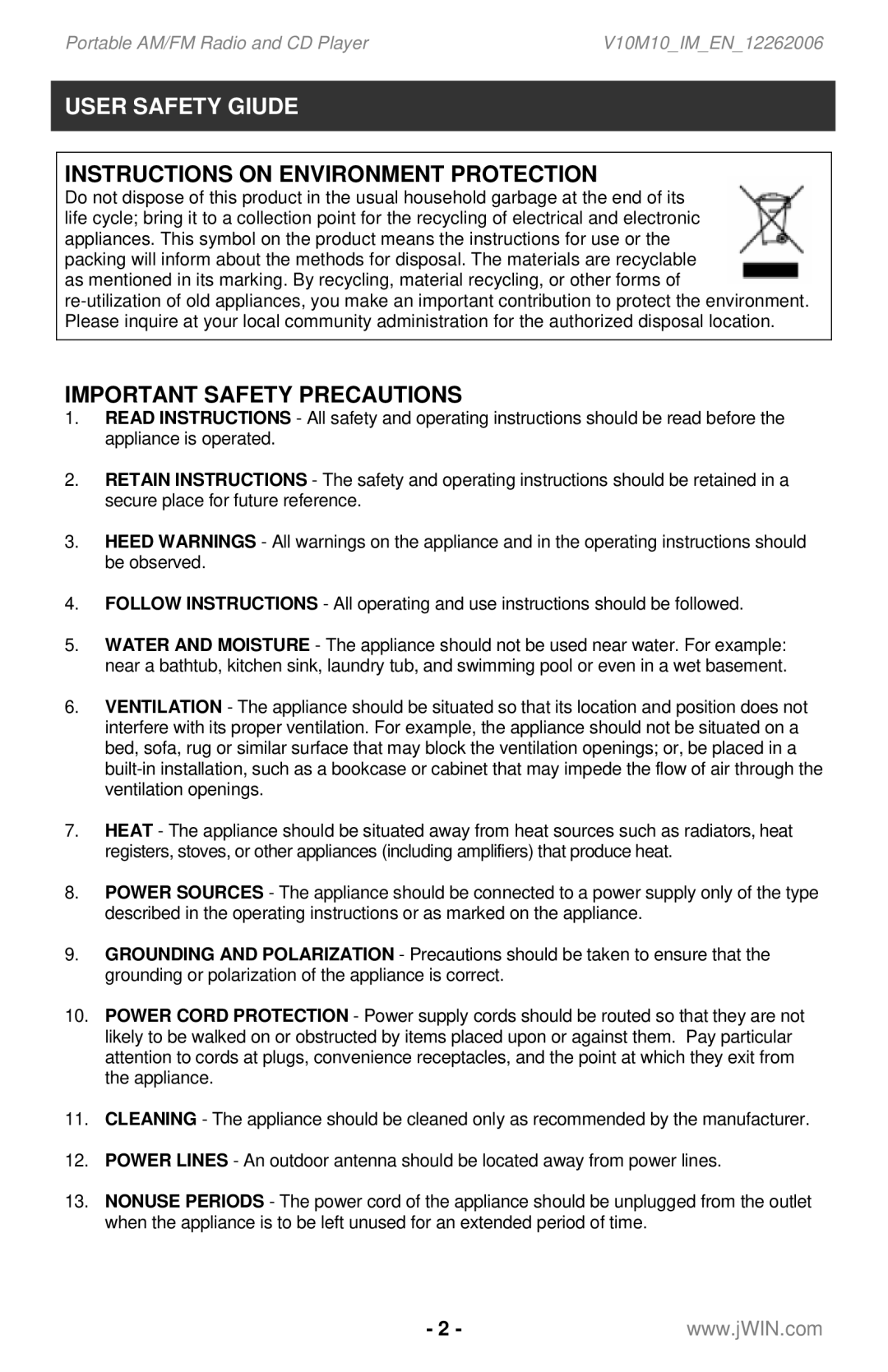 Jwin JX-CD561 instruction manual Instructions on Environment Protection, Important Safety Precautions 