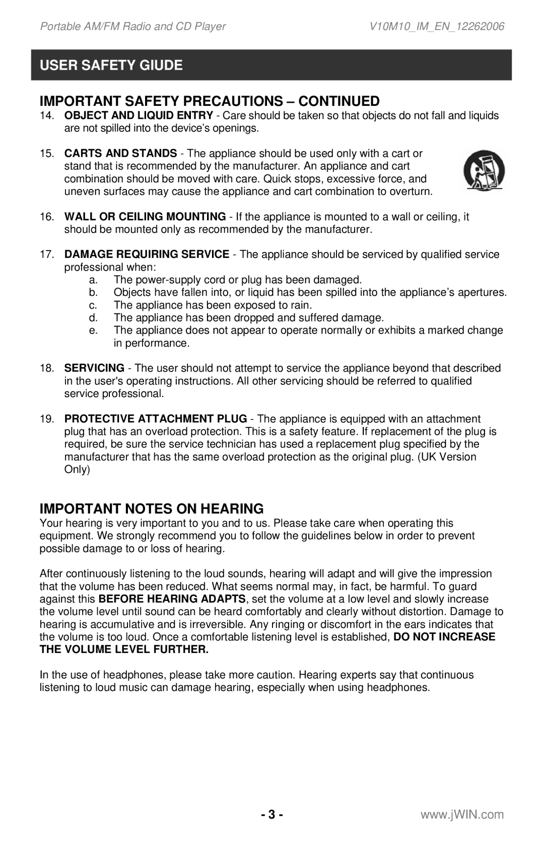 Jwin JX-CD561 instruction manual Important Notes on Hearing, Volume Level Further 