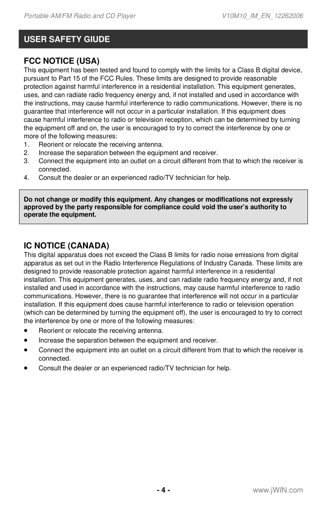 Jwin JX-CD561 instruction manual FCC Notice USA, IC Notice Canada 