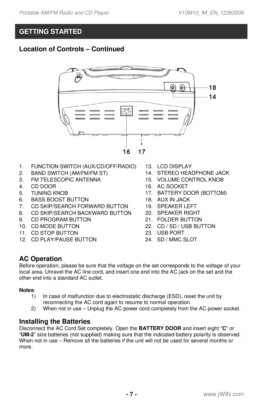 Jwin JX-CD561 instruction manual AC Operation, Installing the Batteries 