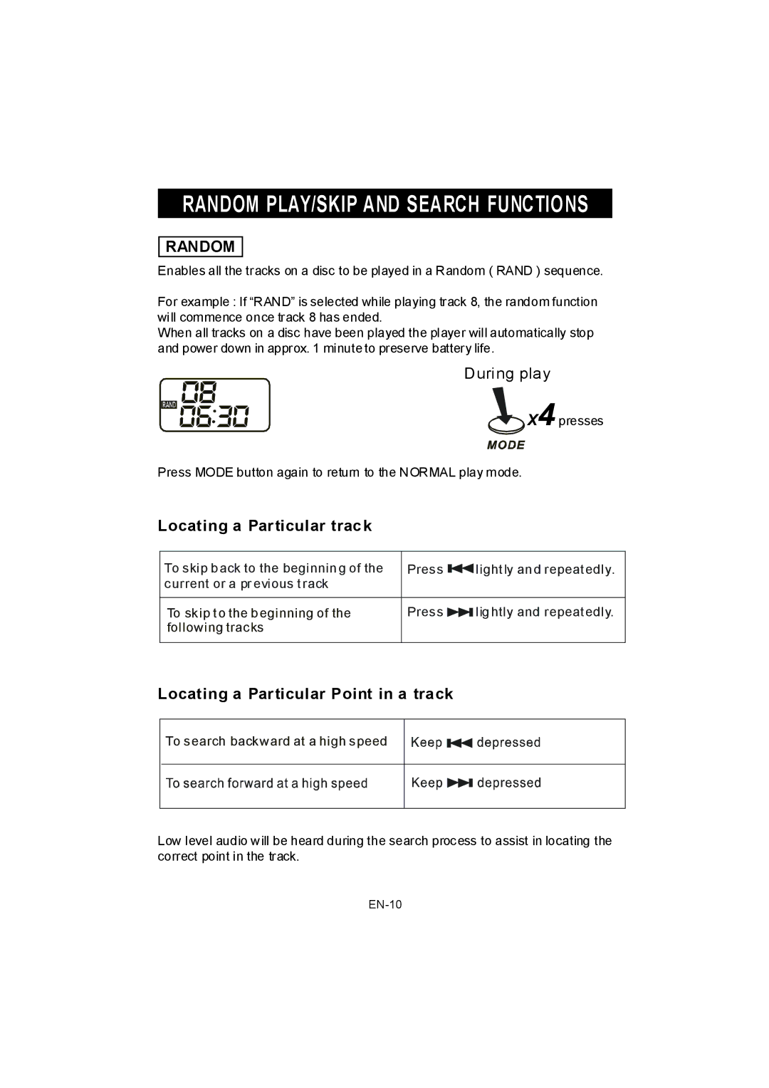 Jwin JX-CD678 Random PLAY/SKIP and Search Functions, Locating a Particular track, Locating a Particular Point in a track 