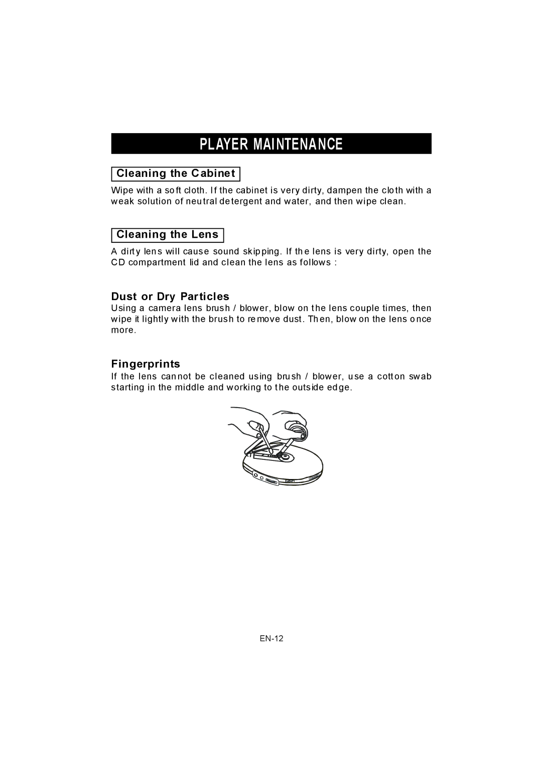 Jwin JX-CD678 Player Maintenance, Cleaning the Cabinet, Cleaning the Lens, Dust or Dry Particles, Fingerprints 