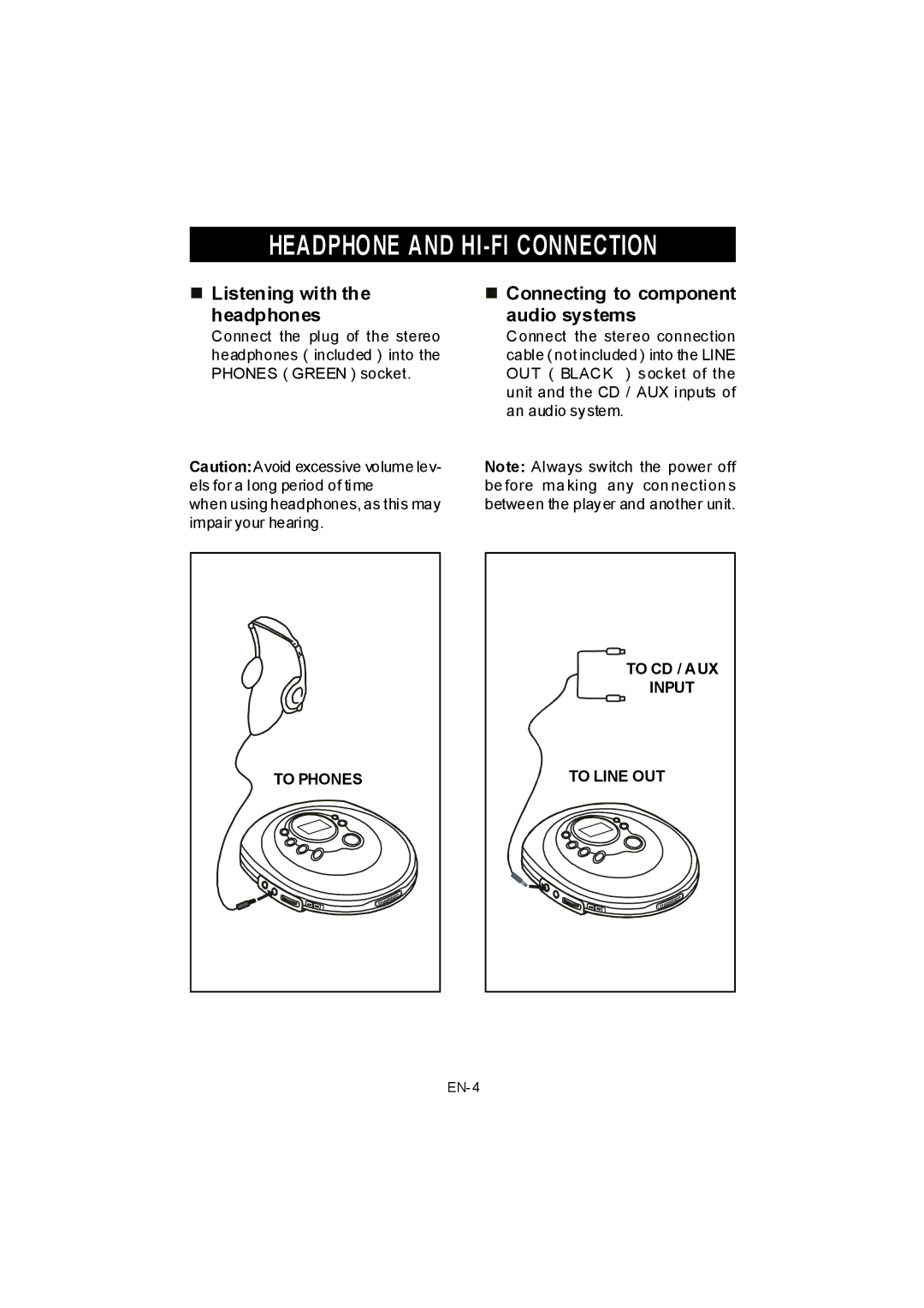 Jwin JX-CD678 instruction manual Headphone and HI-FI Connection, Listening with, Headphones Audio systems 