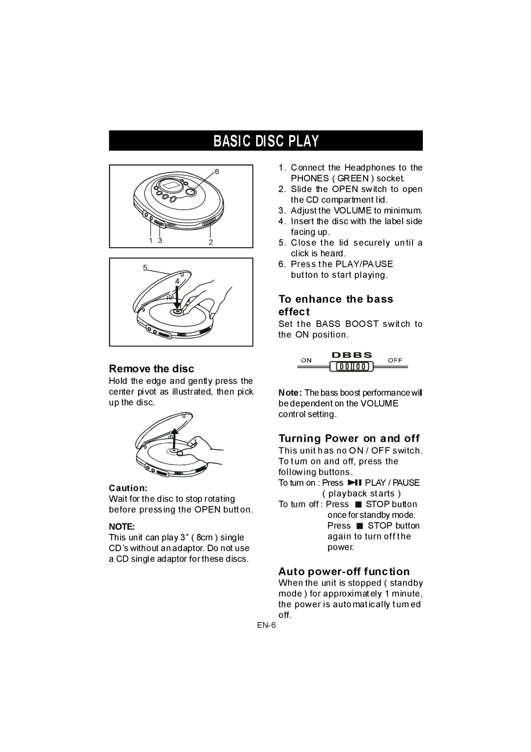 Jwin JX-CD678 instruction manual Basic Disc Play, To enhance the bass effect, Remove the disc, Turning Power on and off 