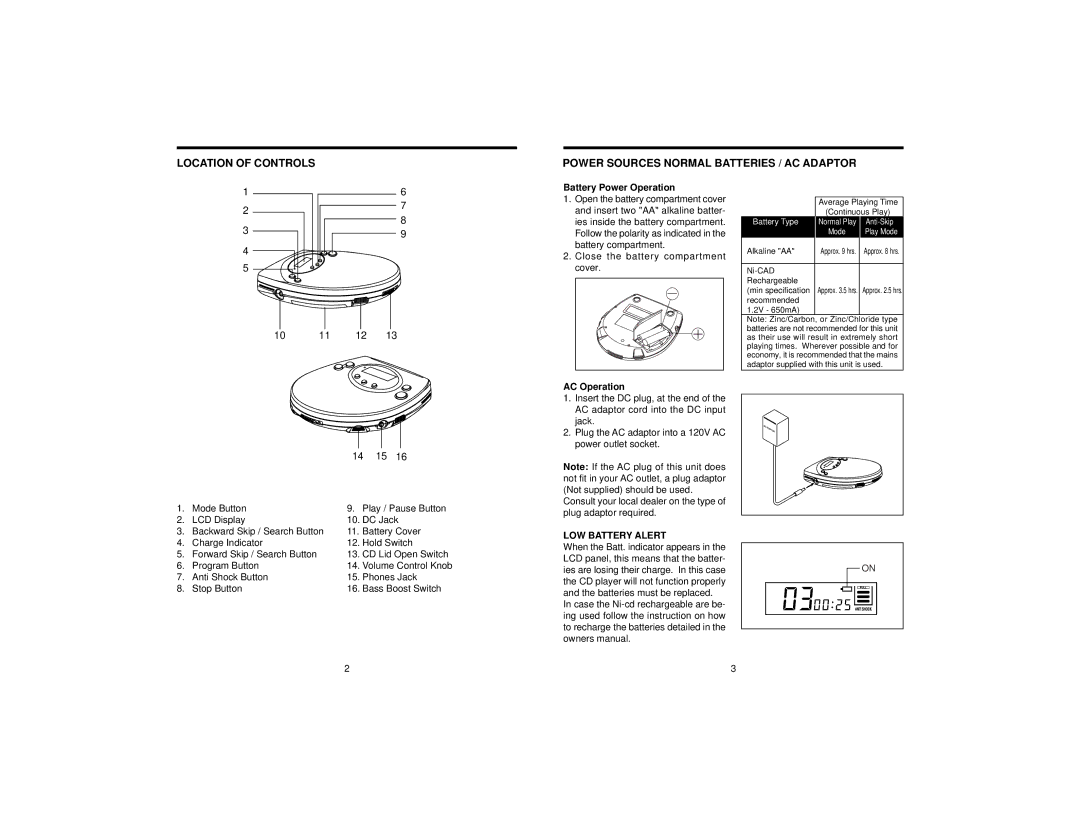 Jwin JX-CD680 Anti Shock Button Phones Jack Stop Button Bass Boost Switch, Battery Power Operation, AC Operation 