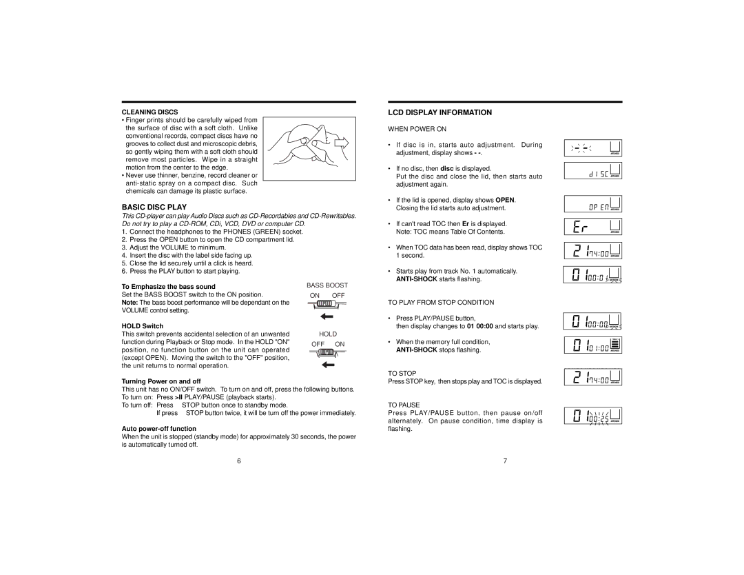 Jwin JX-CD680 instruction manual Basic Disc Play, LCD Display Information, Cleaning Discs 