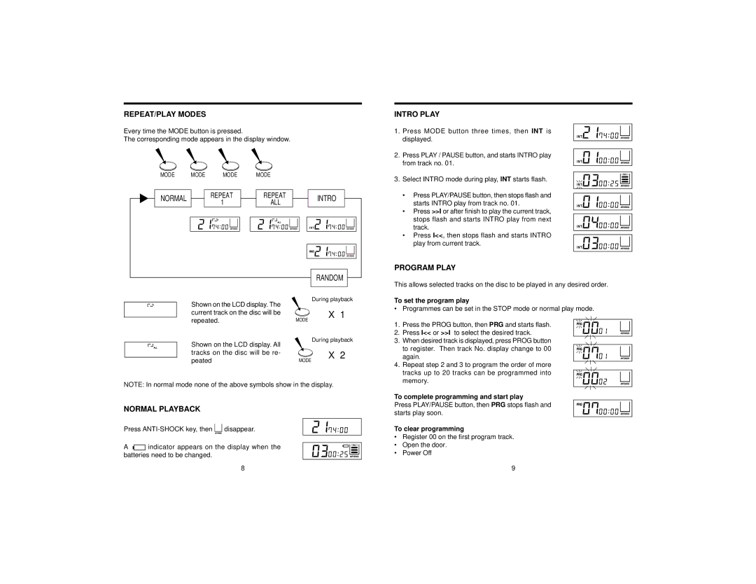 Jwin JX-CD680 instruction manual REPEAT/PLAY Modes, Intro Play, Program Play, Normal Playback 