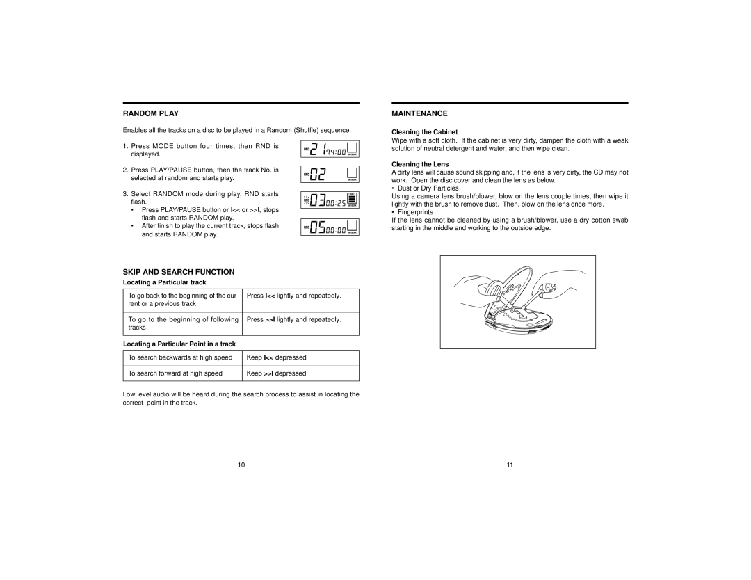 Jwin JX-CD680 instruction manual Random Play, Skip and Search Function, Maintenance 