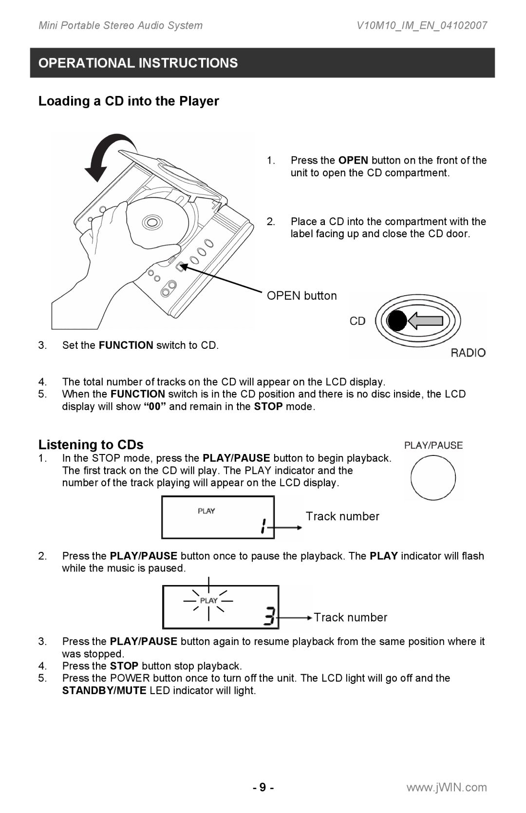 Jwin JX-CD7160 instruction manual Operational Instructions, Loading a CD into the Player, Listening to CDs 