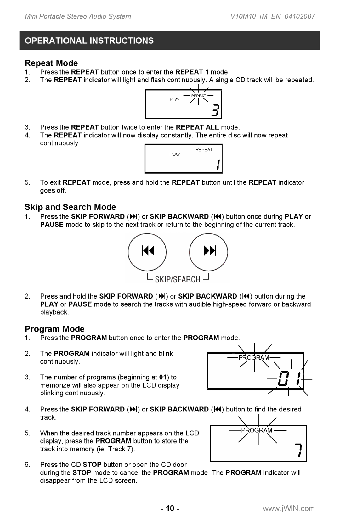 Jwin JX-CD7160 instruction manual Repeat Mode, Skip and Search Mode, Program Mode 