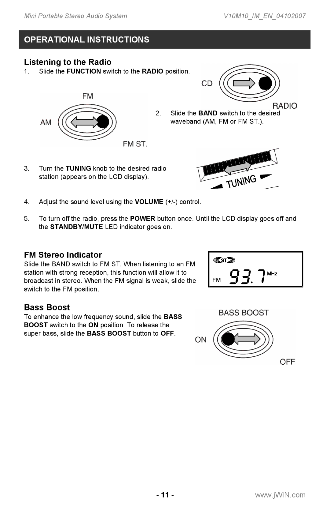 Jwin JX-CD7160 instruction manual Listening to the Radio, FM Stereo Indicator, Bass Boost 