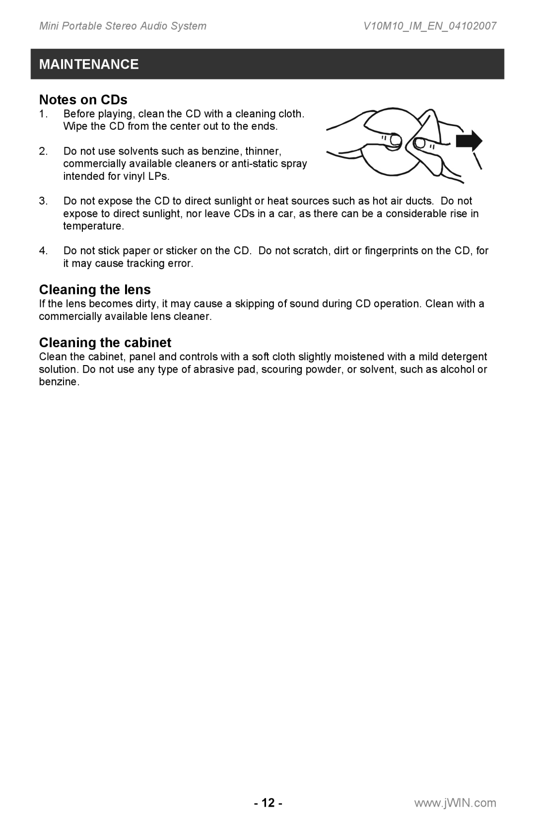 Jwin JX-CD7160 instruction manual Maintenance, Cleaning the lens, Cleaning the cabinet 