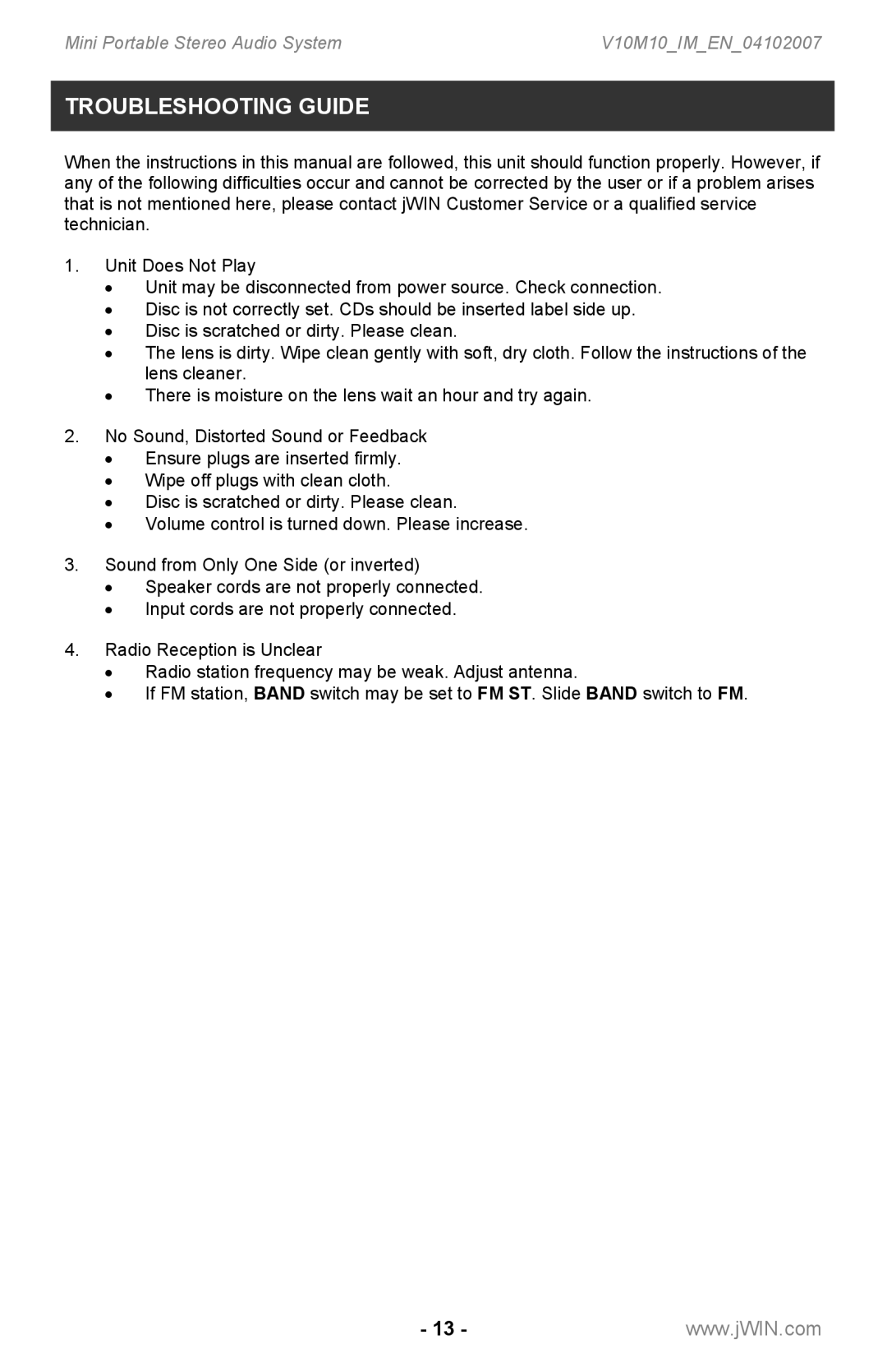 Jwin JX-CD7160 instruction manual Troubleshooting Guide 