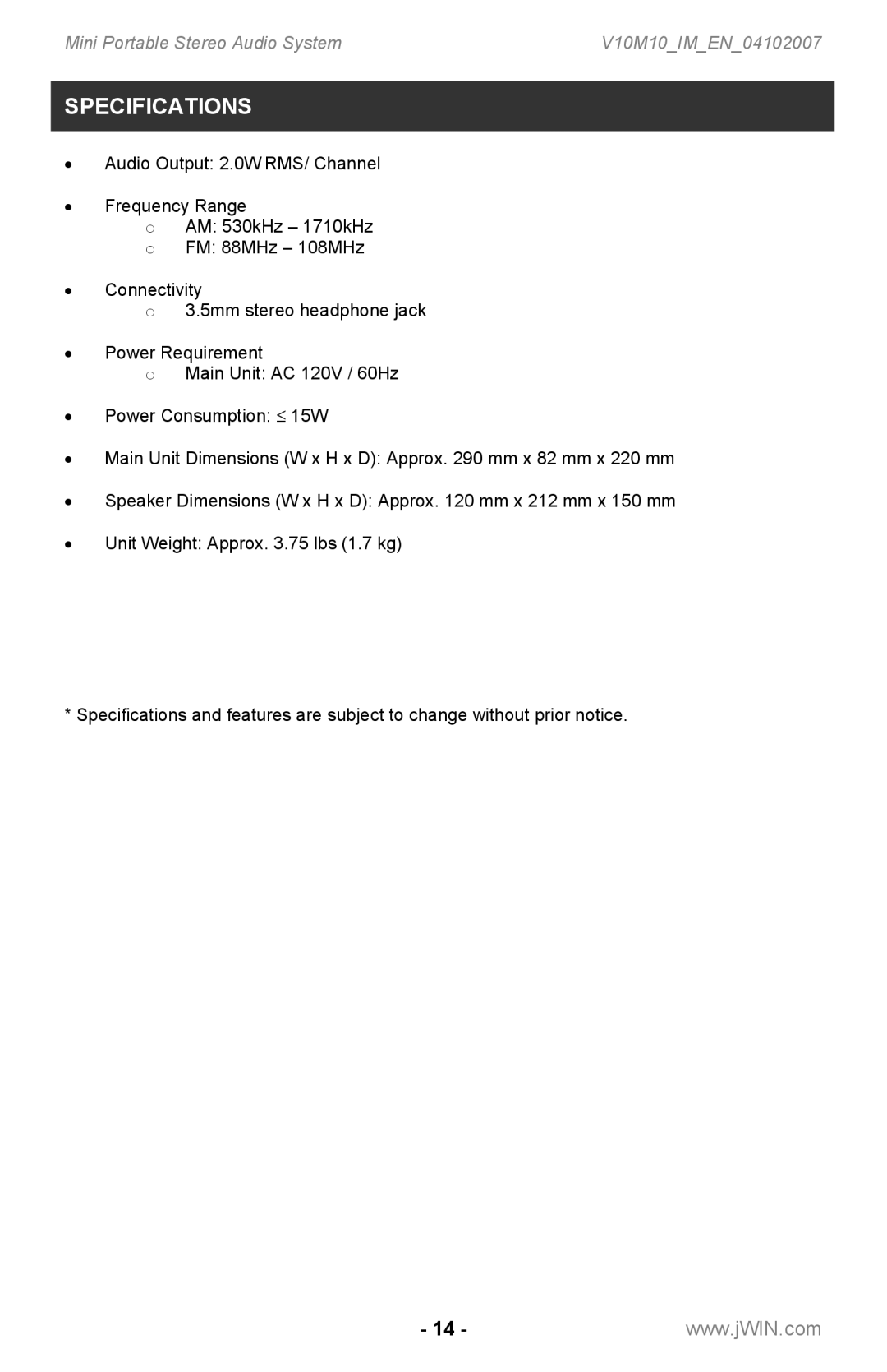 Jwin JX-CD7160 instruction manual Specifications 