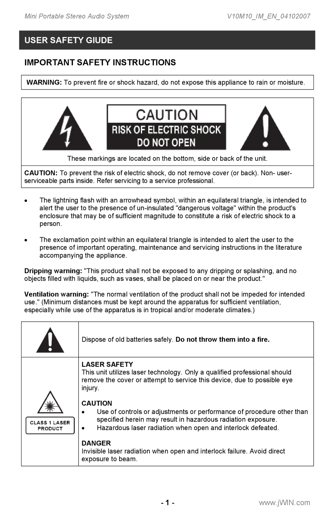 Jwin JX-CD7160 instruction manual User Safety Giude, Important Safety Instructions 