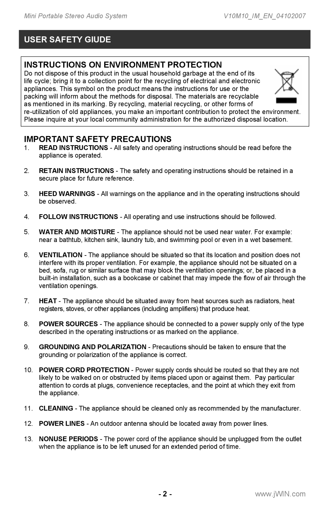 Jwin JX-CD7160 instruction manual Instructions on Environment Protection 