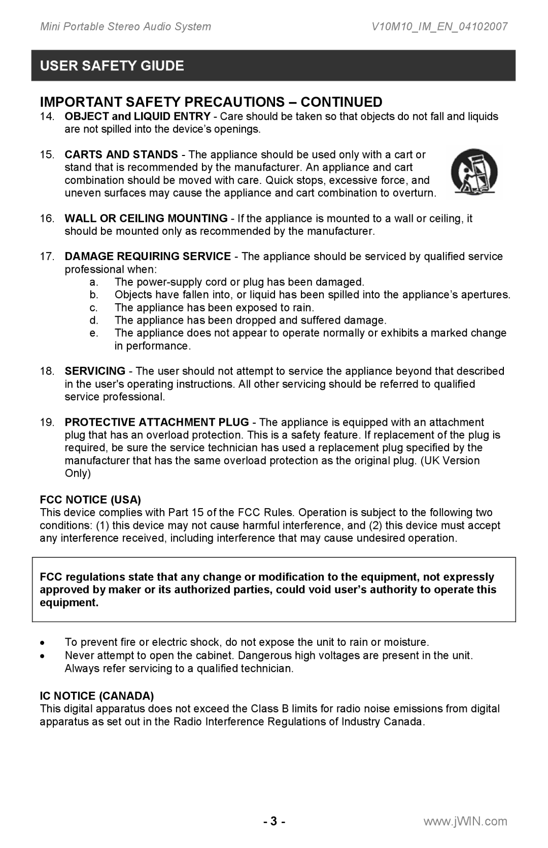 Jwin JX-CD7160 instruction manual FCC Notice USA 