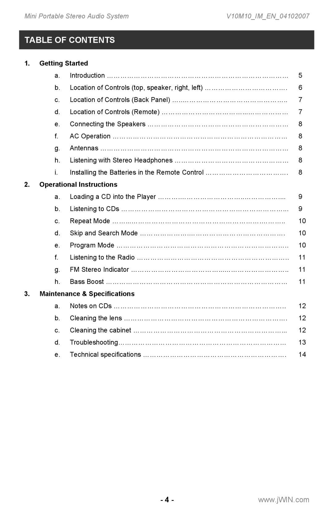 Jwin JX-CD7160 instruction manual Table of Contents 