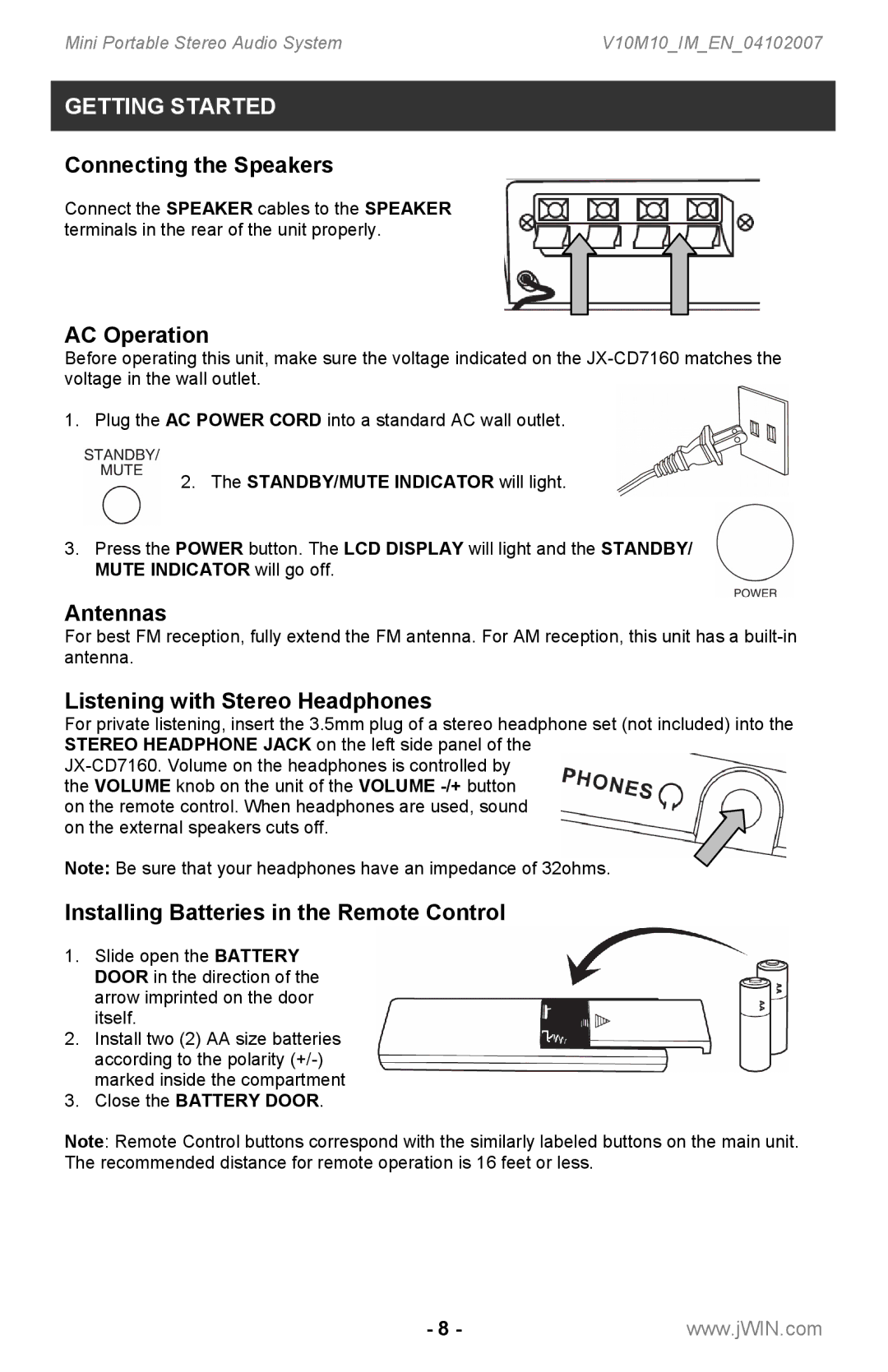 Jwin JX-CD7160 instruction manual Connecting the Speakers, AC Operation, Antennas, Listening with Stereo Headphones 