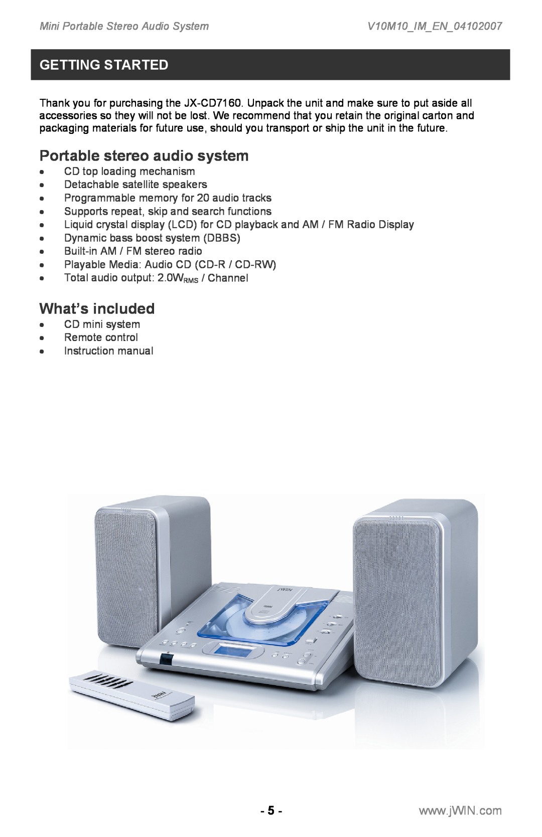 Jwin JX-CD7160 Getting Started, Portable stereo audio system, What’s included, Mini Portable Stereo Audio System 