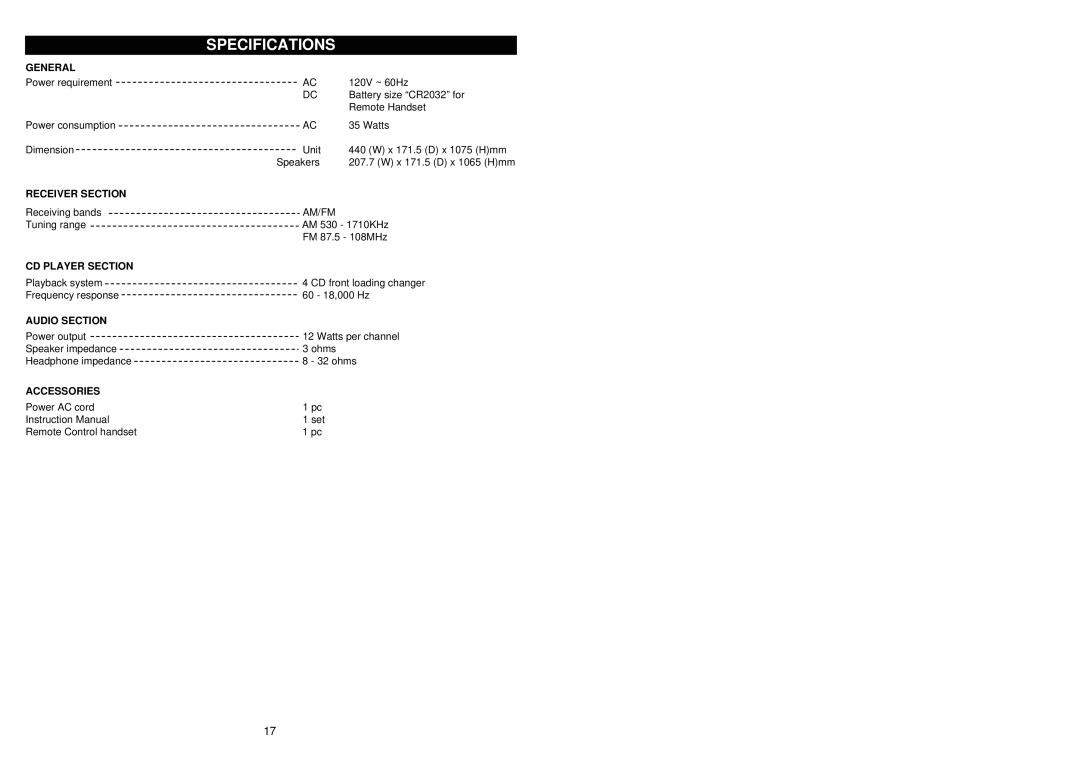 Jwin JX-CD8700 owner manual Specifications 