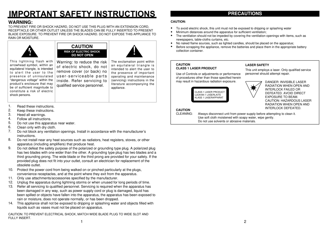 Jwin JX-CD8700 owner manual Precautions, Class 1 Laser Product, Laser Safety 