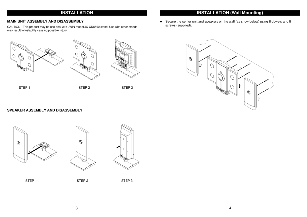 Jwin JX-CD8700 owner manual Installation Wall Mounting 