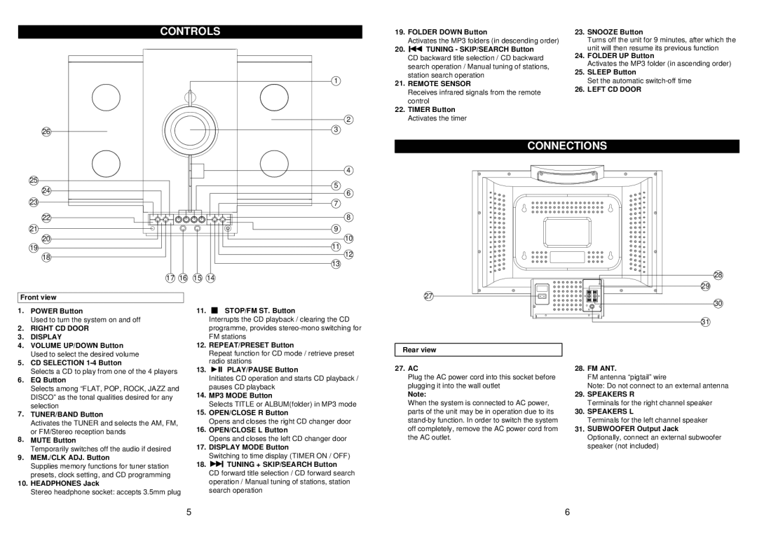 Jwin JX-CD8700 owner manual Controls, Connections 