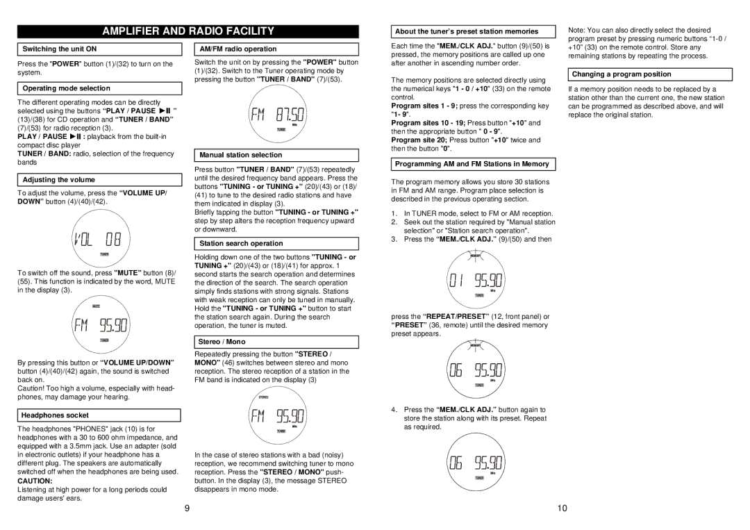 Jwin JX-CD8700 owner manual Amplifier and Radio Facility 