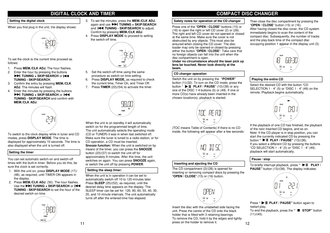 Jwin JX-CD8700 owner manual Digital Clock and Timer Compact Disc Changer, Tuning SKIP/SEARCH, Play 