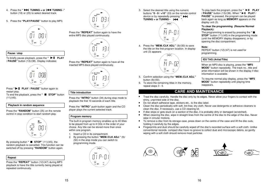 Jwin JX-CD8700 owner manual Care and Maintenance 