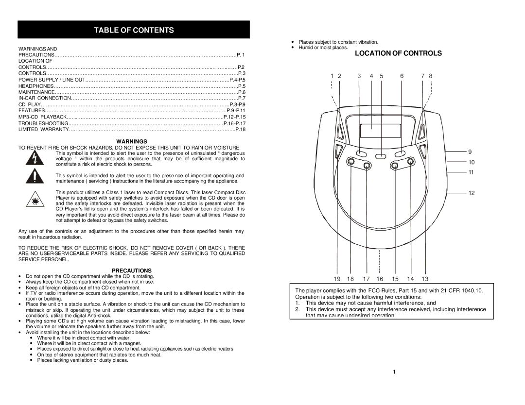 Jwin JX-CD900 manual Table of Contents 