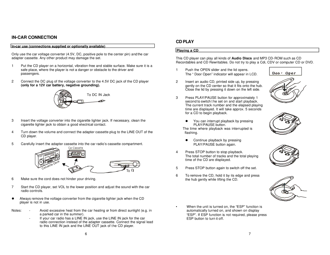 Jwin JX-CD900 manual IN-CAR Connection, CD Play, In-car use connections supplied or optionally available, Playing a CD 