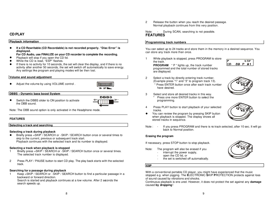 Jwin JX-CD900 manual Features, Esp 