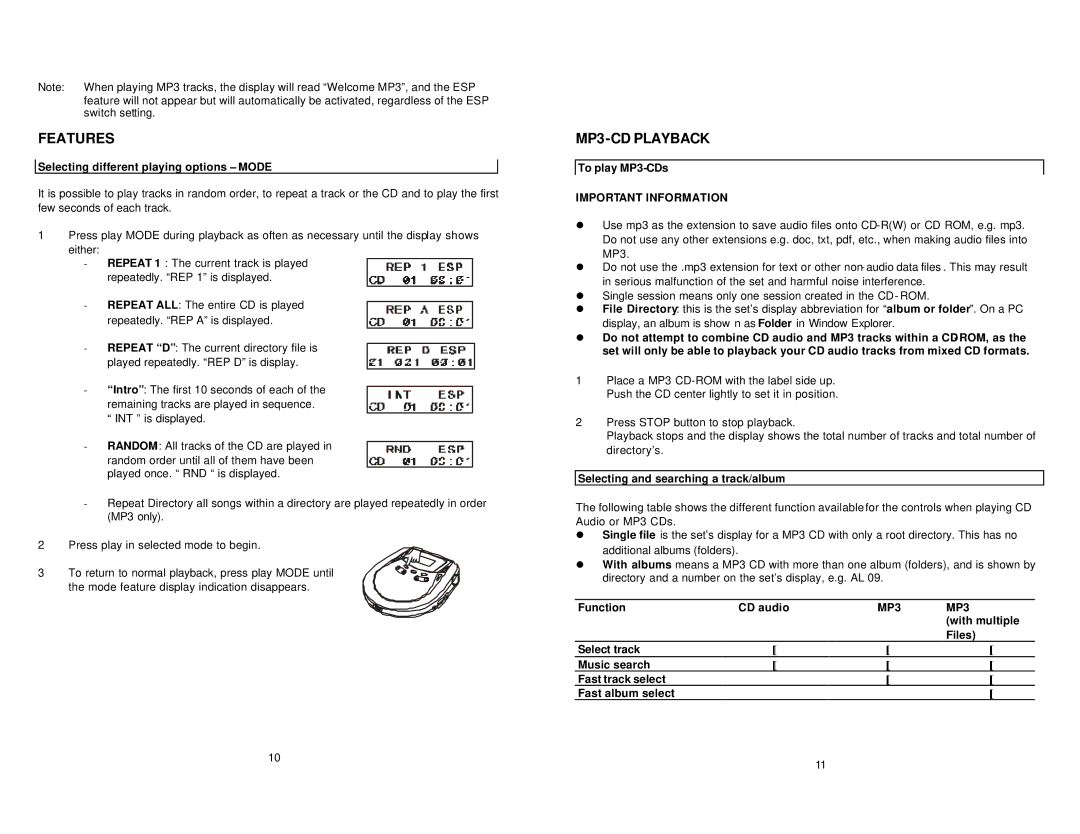 Jwin JX-CD900 manual MP3-CD Playback, Important Information 