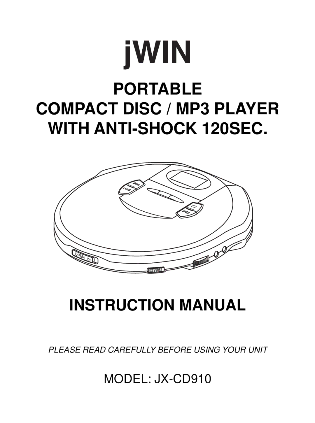 Jwin JX-CD910 instruction manual Portable Compact Disc / MP3 Player with ANTI-SHOCK 120SEC 