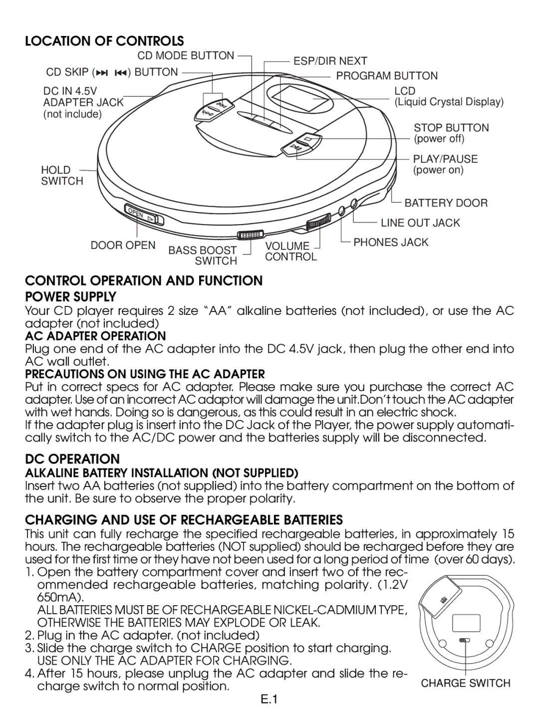 Jwin JX-CD910 instruction manual Location of Controls, Control Operation and Function Power Supply, DC Operation 