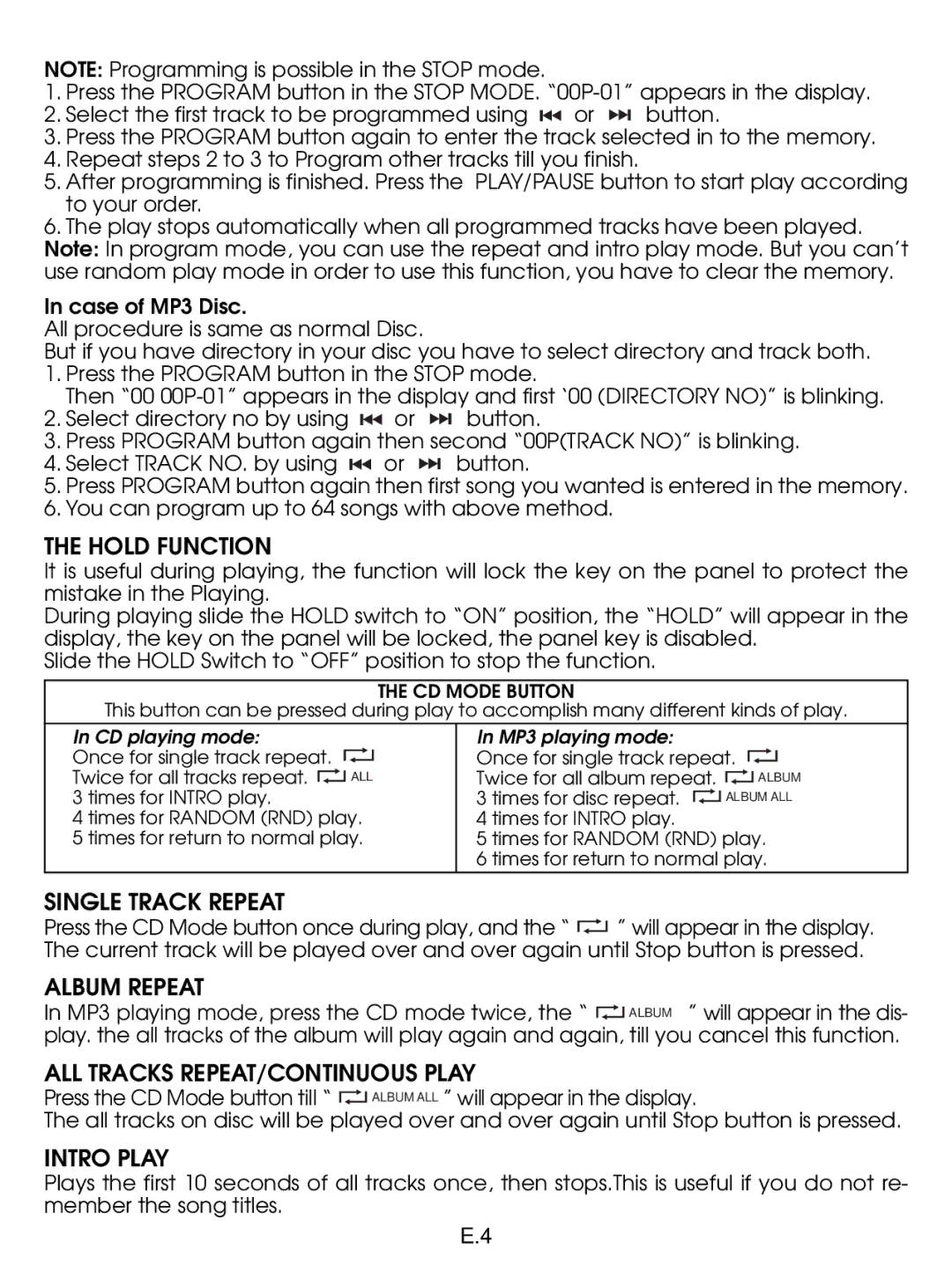 Jwin JX-CD910 Hold Function, Single Track Repeat, Album Repeat, ALL Tracks REPEAT/CONTINUOUS Play, Intro Play 