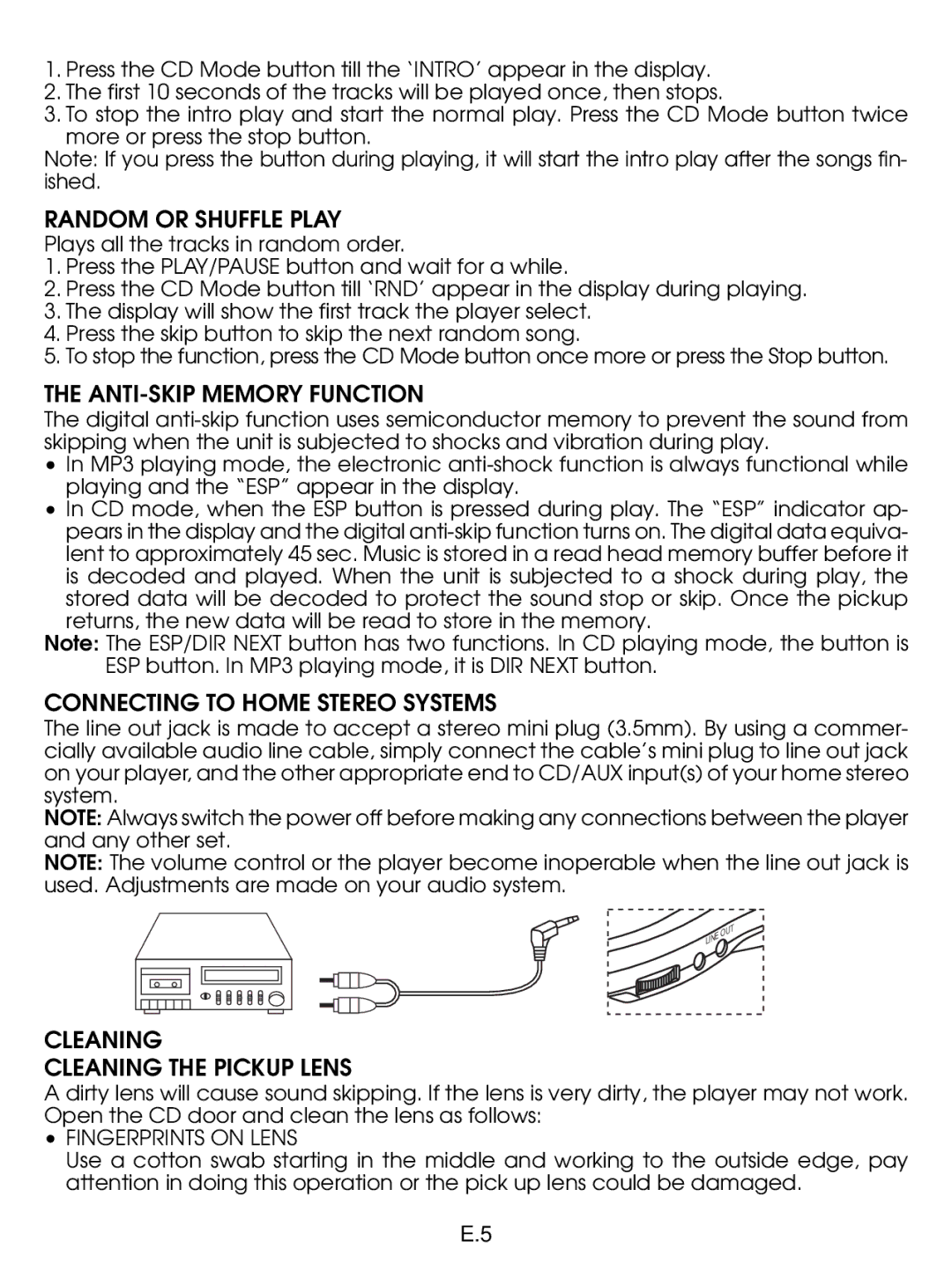 Jwin JX-CD910 Random or Shuffle Play, ANTI-SKIP Memory Function, Connecting to Home Stereo Systems, Fingerprints on Lens 