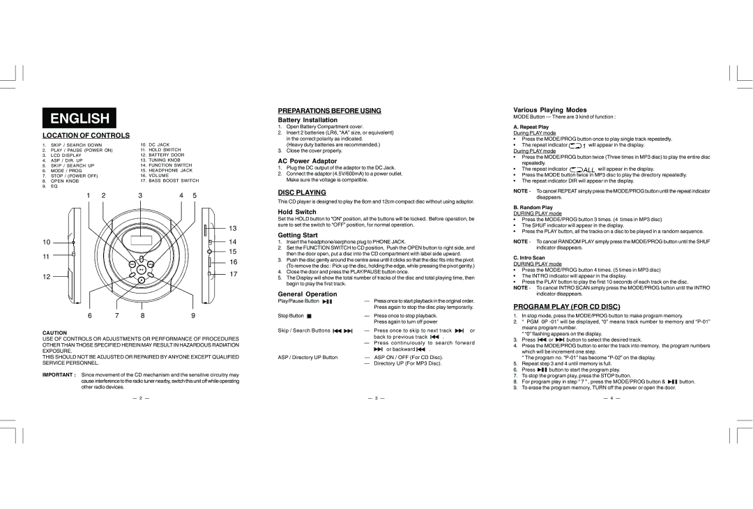 Jwin JX-CD915 instruction manual Location of Controls, Preparations Before Using, Disc Playing, Program Play for CD Disc 