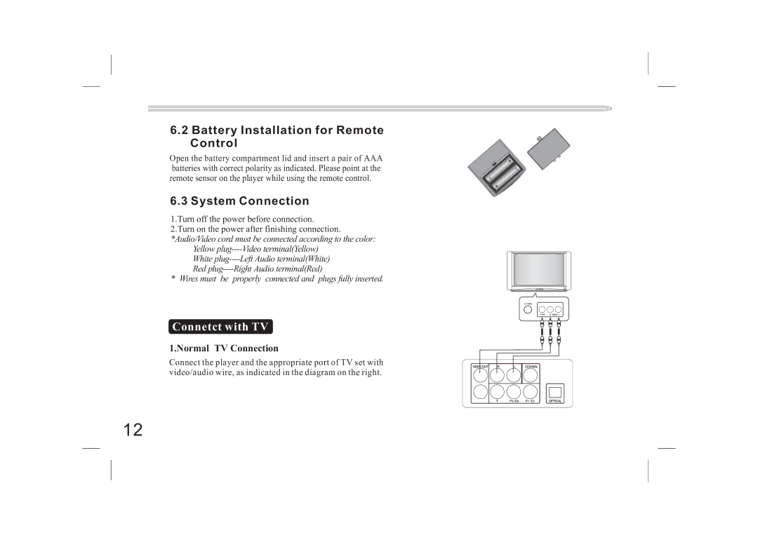 Jwin JX-DVD400 manual Battery Installation for Remote Control, System Connection 