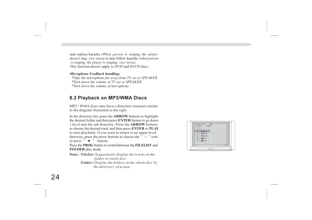 Jwin JX-DVD400 manual Playback on MP3/WMA Discs, Microphone Feedback handling 