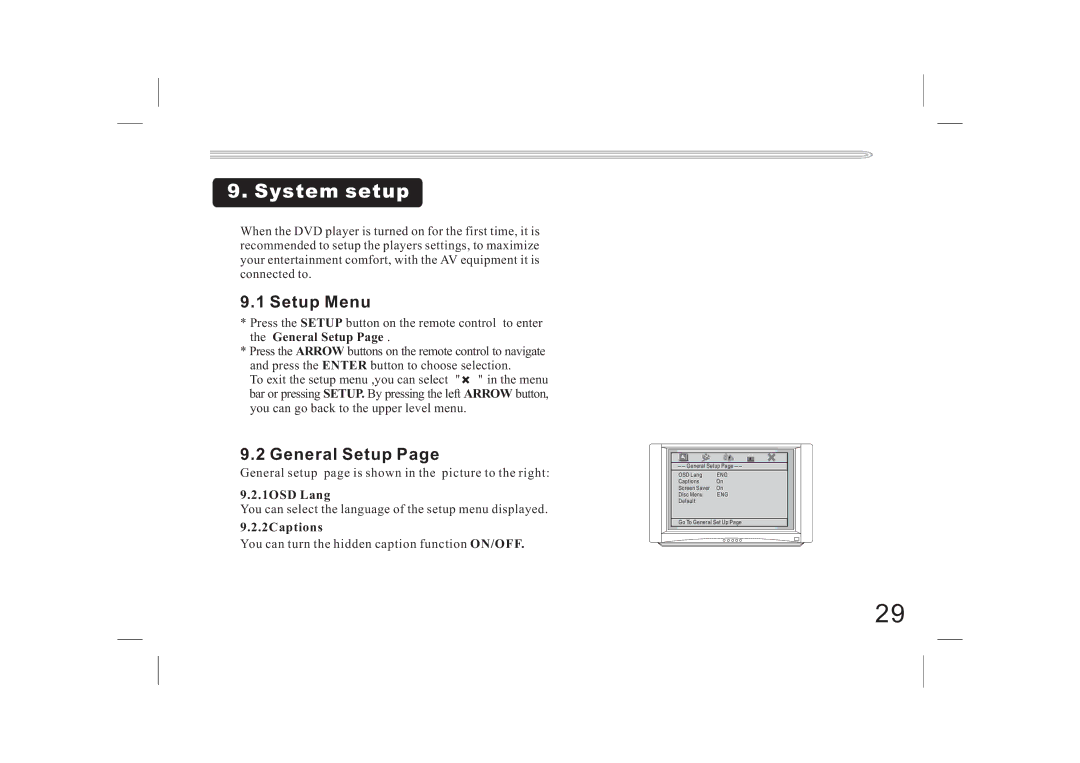 Jwin JX-DVD400 manual System setup, Setup Menu, General Setup, 1OSD Lang, 2Captions 