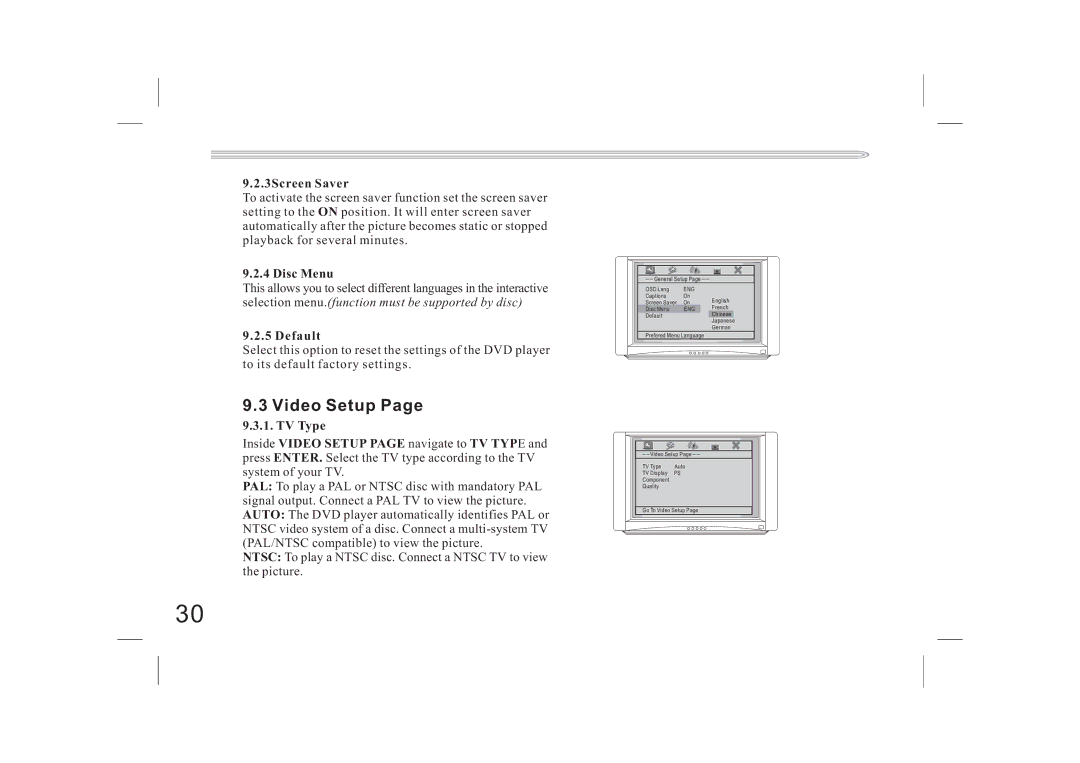 Jwin JX-DVD400 manual Video Setup, 3Screen Saver, Disc Menu, Default, TV Type 