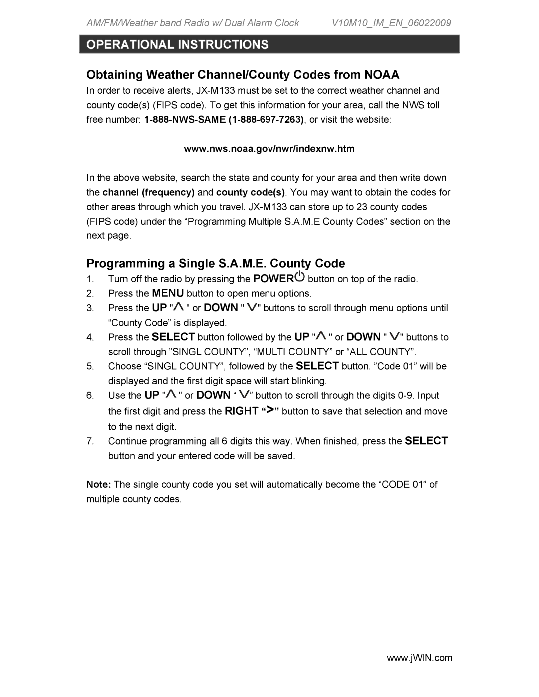 Jwin JX-M133 instruction manual Obtaining Weather Channel/County Codes from Noaa, Programming a Single S.A.M.E. County Code 