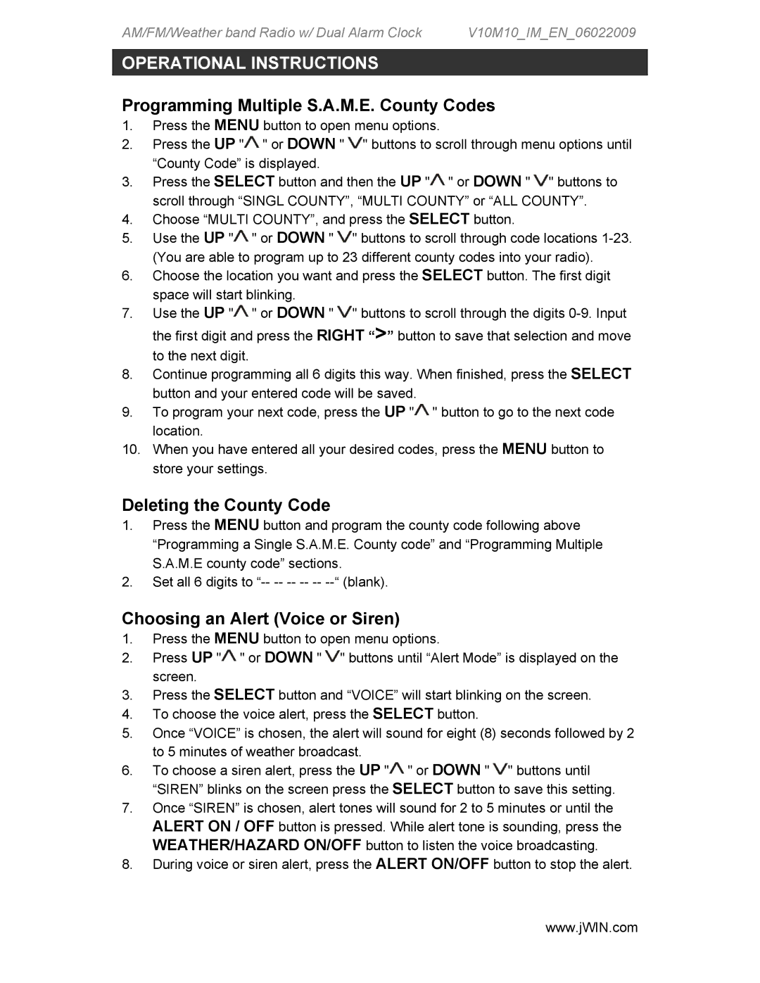 Jwin JX-M133 Programming Multiple S.A.M.E. County Codes, Deleting the County Code, Choosing an Alert Voice or Siren 