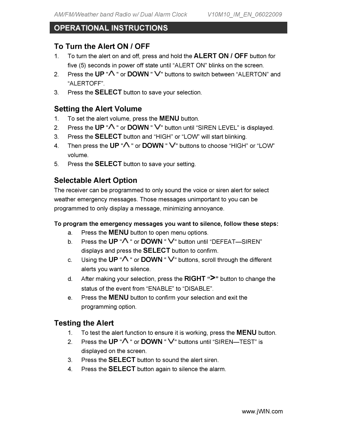 Jwin JX-M133 To Turn the Alert on / OFF, Setting the Alert Volume, Selectable Alert Option, Testing the Alert 