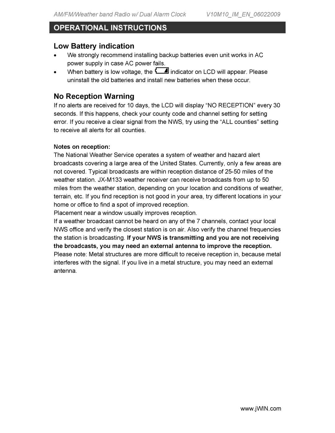 Jwin JX-M133 instruction manual Low Battery indication, No Reception Warning 